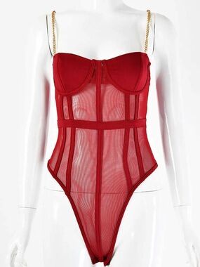 Source Unknown Burgundy Sheer Mesh Bodysuit with Gold Chain Straps